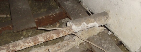Raw and exposed thermal insulation to pipe lagging and water tank within roof space